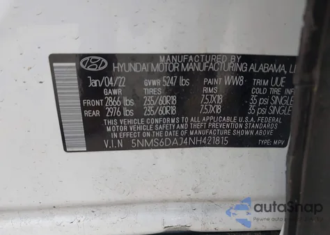 2022 Hyundai Santa Fe Sel from USA, damaged, VIN 5NMS6DAJ4NH421815